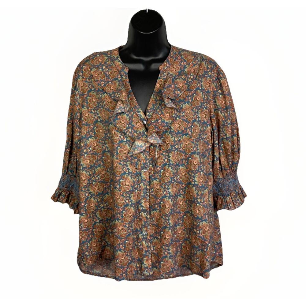 Sundance Ruffled Blouse Women’s V Neck 3/4 Length Sleeves Smocked Cuff Large - Picture 8 of 9